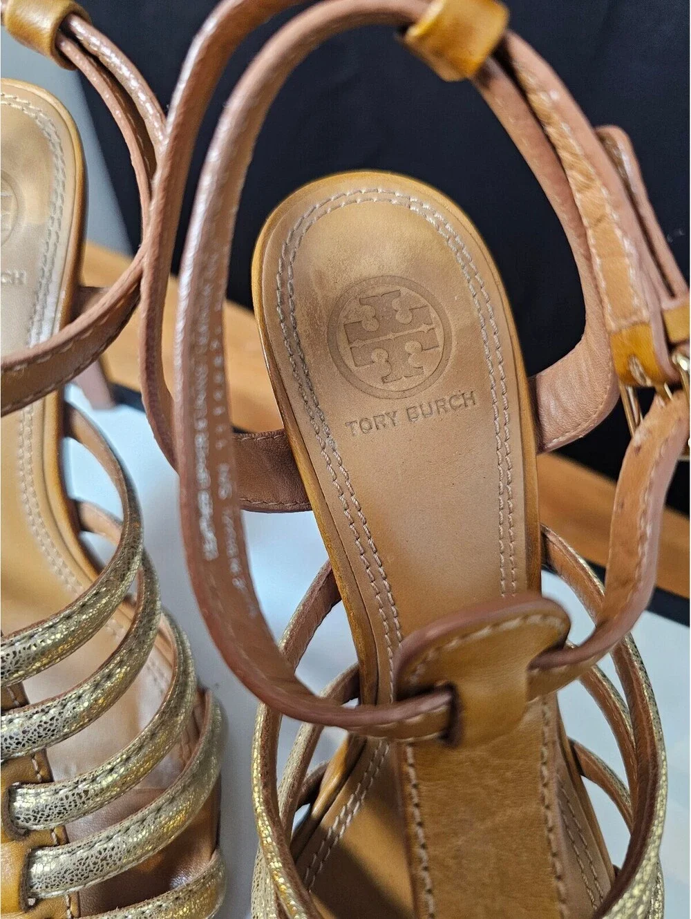 Tory Burch Heels Tan Womens 8 Leather Strappy Gold Accents